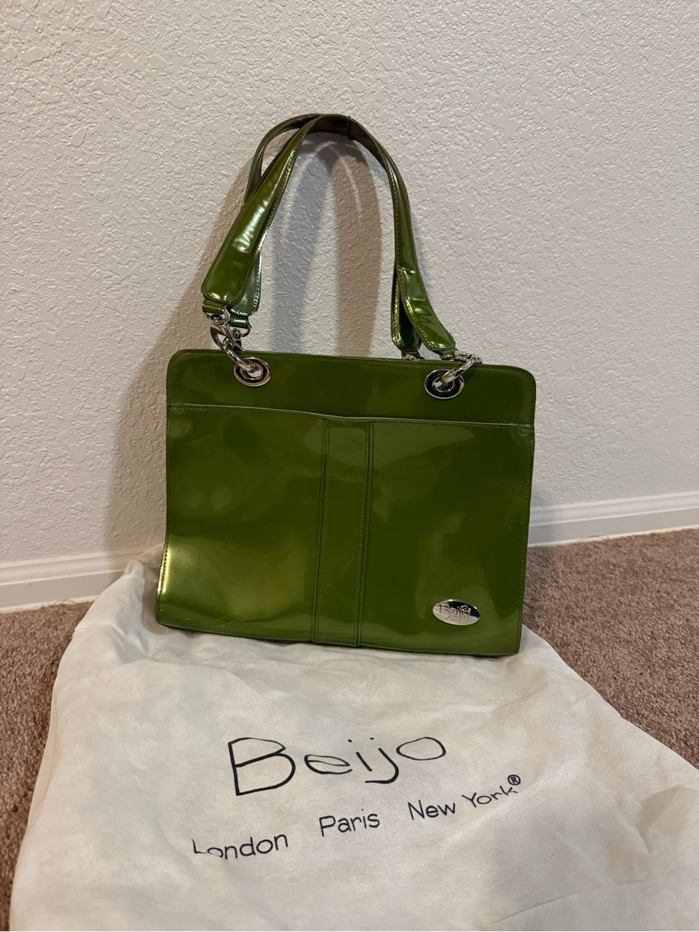 Beijo Olive Green Patent Leather Shoulder Bag with Silver Accents